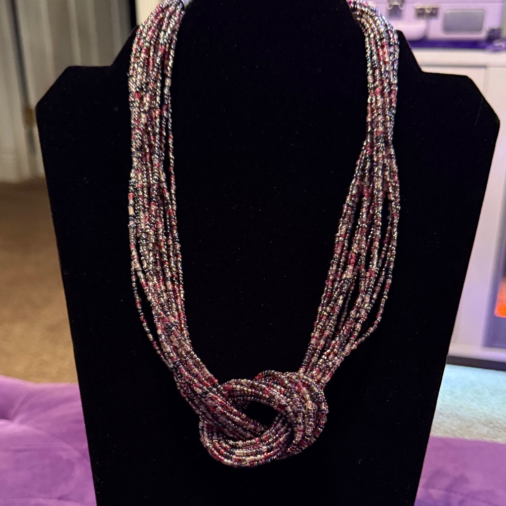 Vintage Multi-Strand Beaded Knot Necklace With Maroon Silver & Grat Accents,20 "